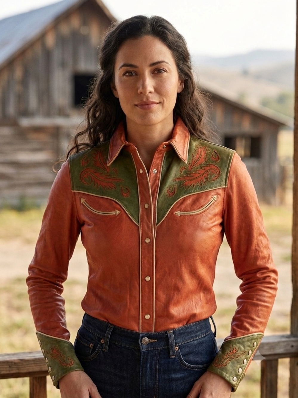 Ralph Lauren Leather Western Jacket - Green & Rust 12UK 8US